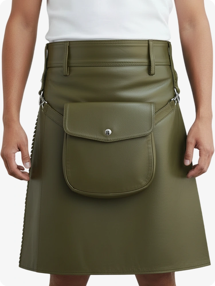 Kilt en cuir plissé vert olive avec passants de ceinture et sangles latérales