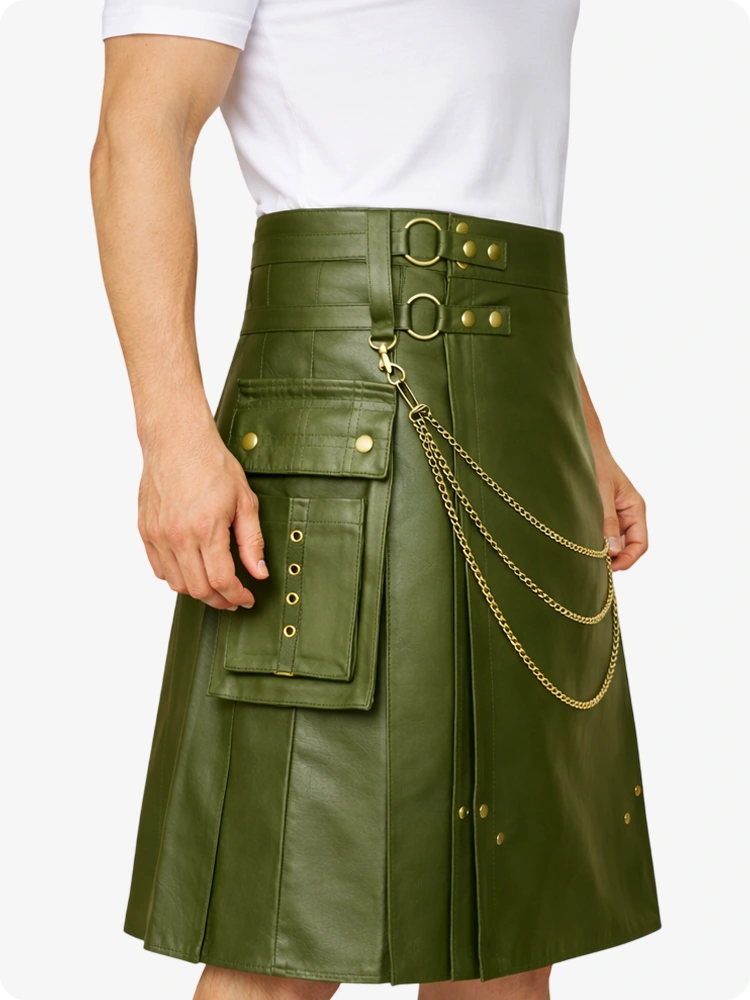 Olive Green Leather Utility Kilt with Chain Detailing & Adjustable Straps