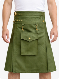 Olive Green kilt with gold accents worn by a person on a white background