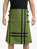 Olive Green kilt with black straps worn by a person on a white background