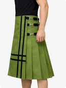 Olive Green skirt with black straps and pleats on a white background