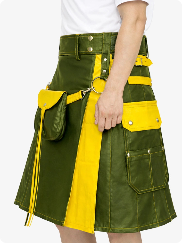 Olive Green Leather Utility Kilt with Yellow Accents & Detachable Pockets