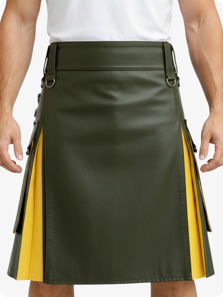 Kilt en cuir vert olive et jaune avec poches cargo