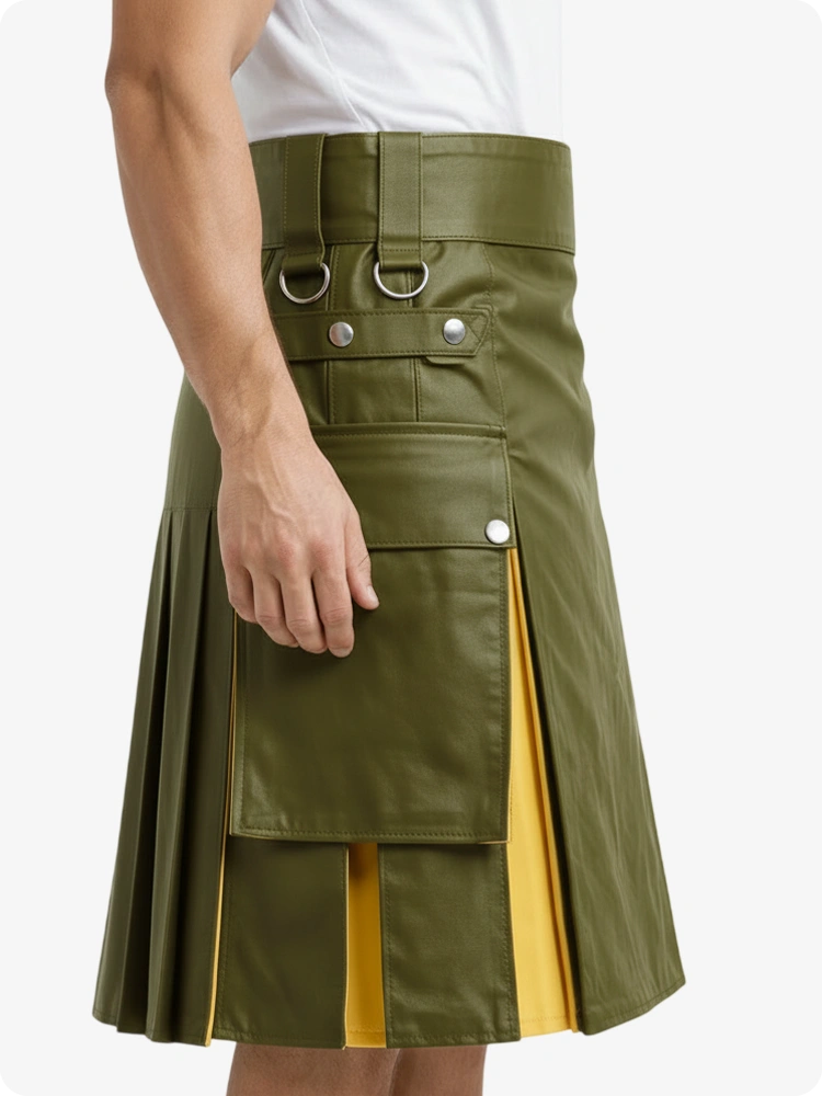Kilt en cuir vert olive et jaune avec poches cargo