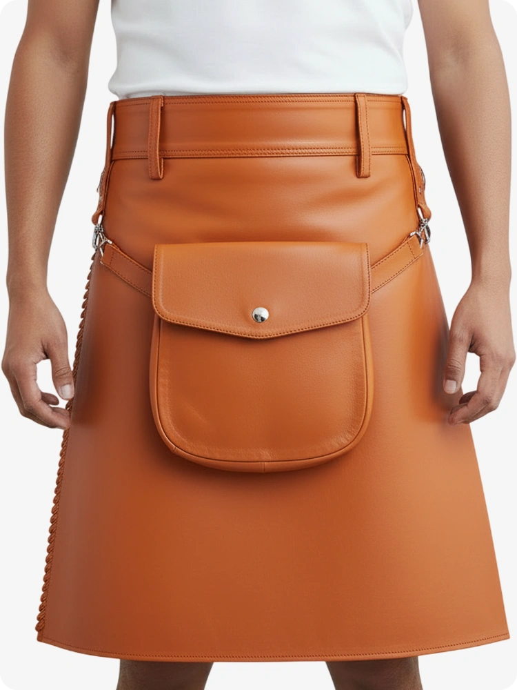 Kilt en cuir plissé orange avec passants de ceinture et sangles latérales