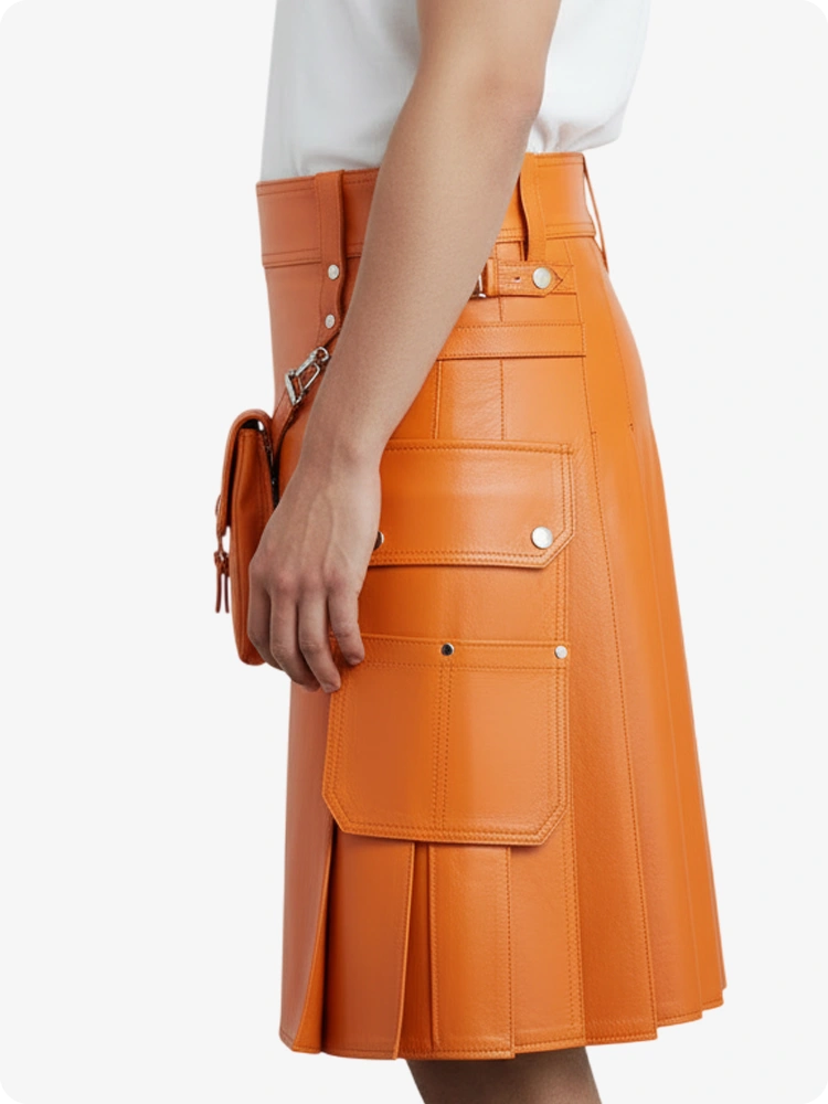 Orange leather skirt worn by a person on a white background