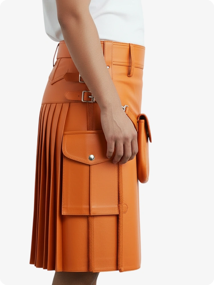 Kilt en cuir plissé orange avec passants de ceinture et sangles latérales