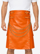 Orange Leather Utility Kilt with Chain Detailing & Adjustable Straps