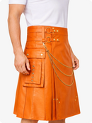 Orange Leather Utility Kilt with Chain Detailing & Adjustable Straps