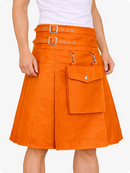 Orange skirt with silver buckles and pockets on a white background