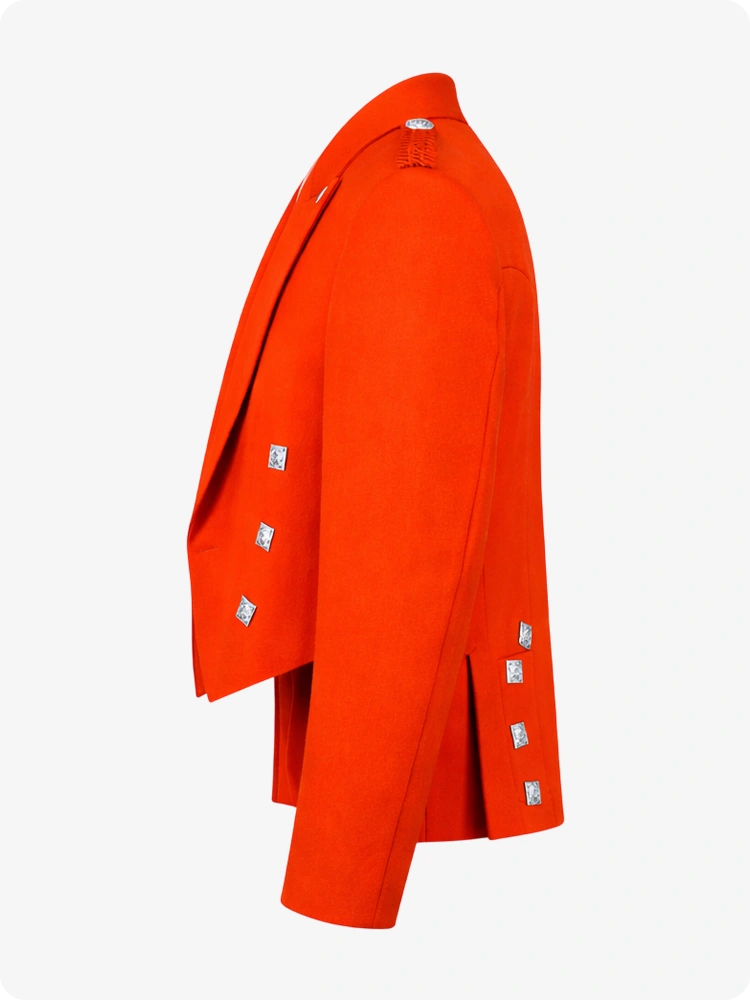 Orange coat with silver buttons on a white background