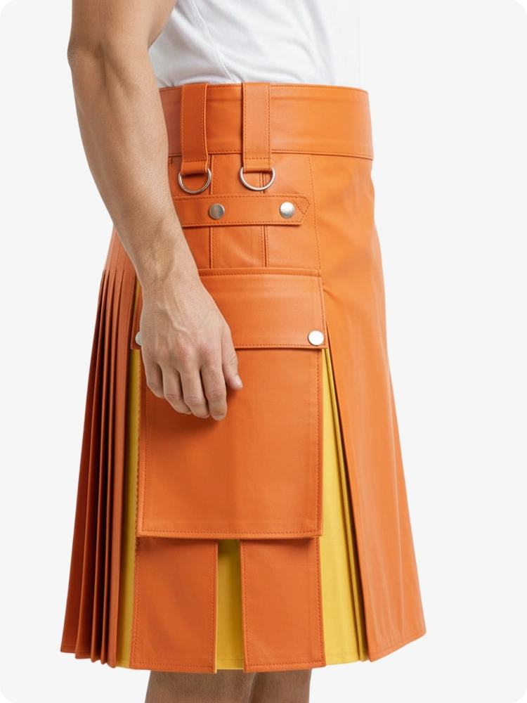 Kilt en cuir orange et jaune avec poches cargo