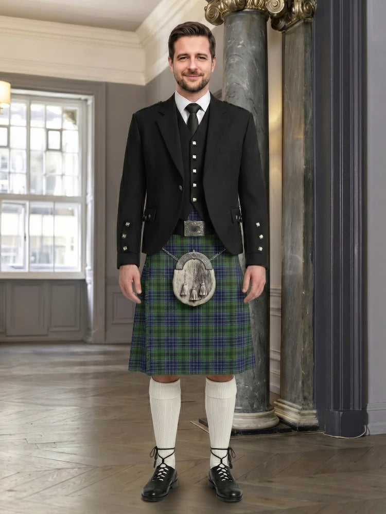 Man wearing a traditional Scottish kilt in an elegant interior setting