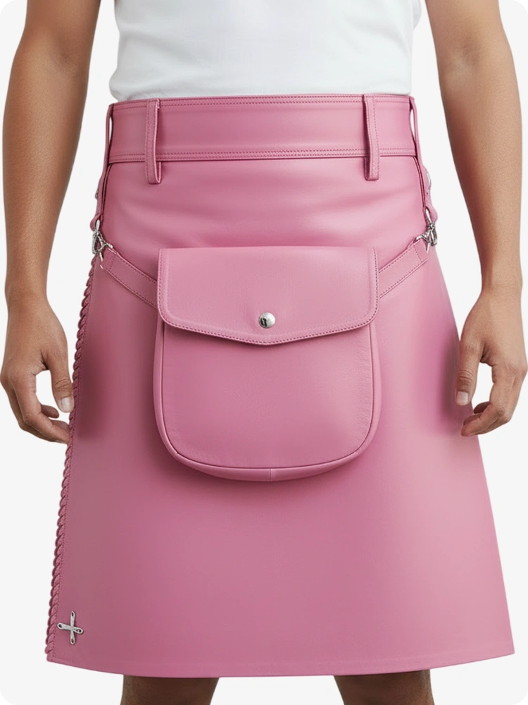 Kilt en cuir rose plissé avec passants de ceinture et sangles latérales