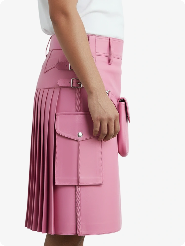 Kilt en cuir rose plissé avec passants de ceinture et sangles latérales