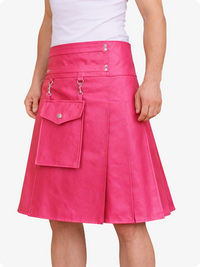 Pink skirt with silver zippers and buttons on a white background