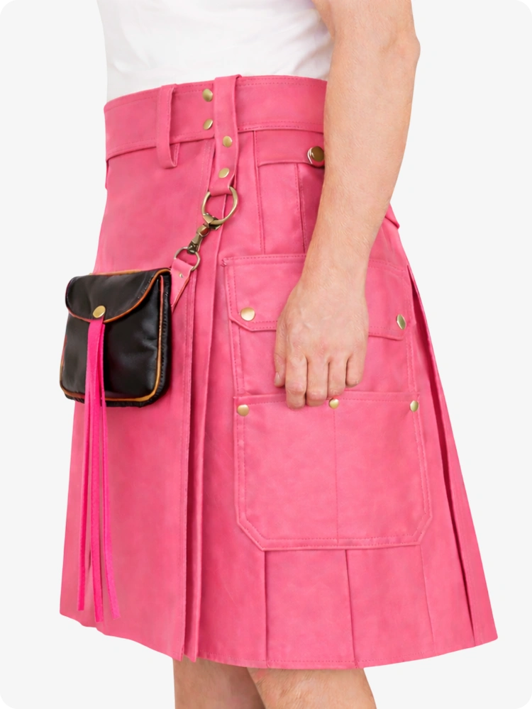 Person wearing a pink kilt with a black bag on a white background