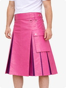 Pink Leather Utility Kilt with Purple Pleats, Side Pockets & D-Ring Hardware