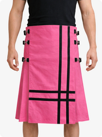 Person wearing a pink skirt with black accents on a white background