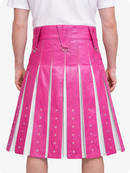 Pink pleated skirt with white accents worn by a person on a white background