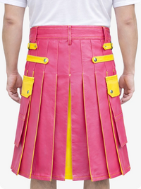 Pink kilt with yellow accents worn by a person on a white background