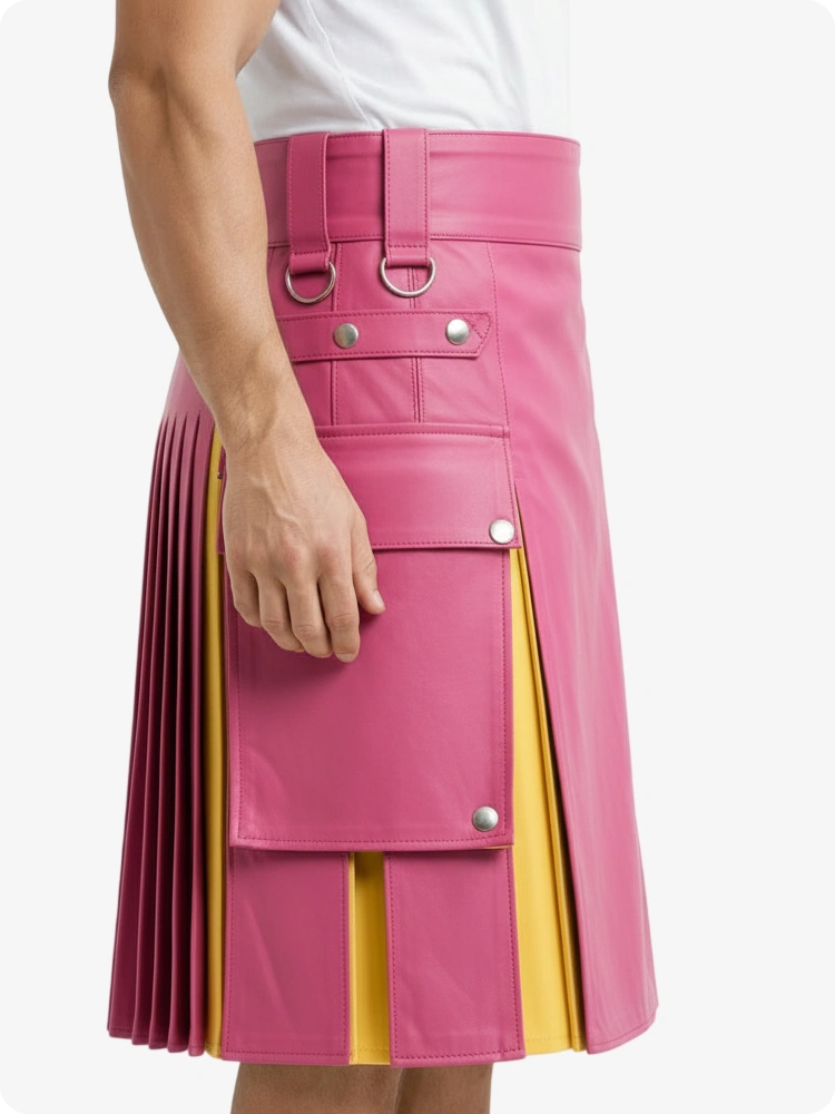Kilt en cuir rose et jaune avec poches cargo
