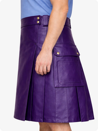 Purple leather skirt worn by a person on a white background