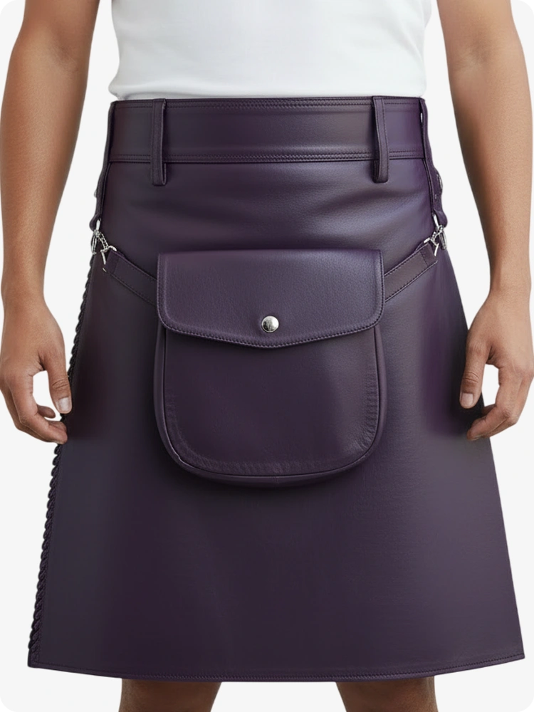 Kilt en cuir plissé violet avec passants de ceinture et sangles latérales