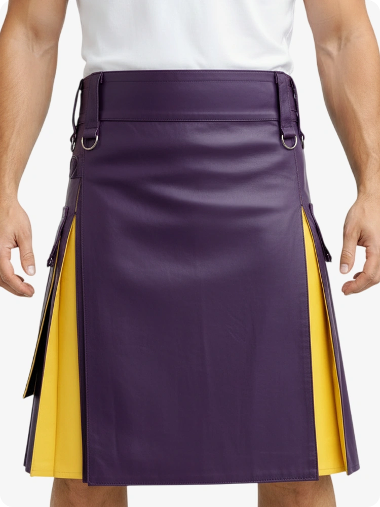 Kilt en cuir violet et jaune avec poches cargo