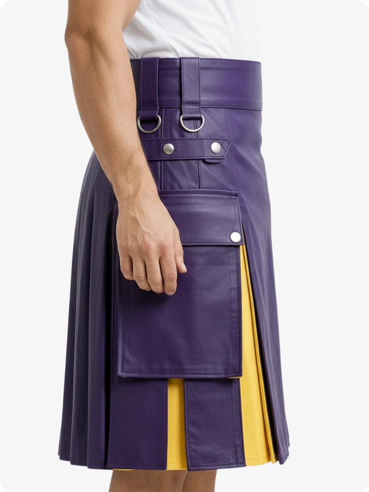 Kilt en cuir violet et jaune avec poches cargo