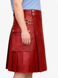 Red Genuine Leather Utility Kilt with Side Pockets