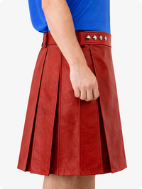 Red pleated skirt with decorative buttons on a white background