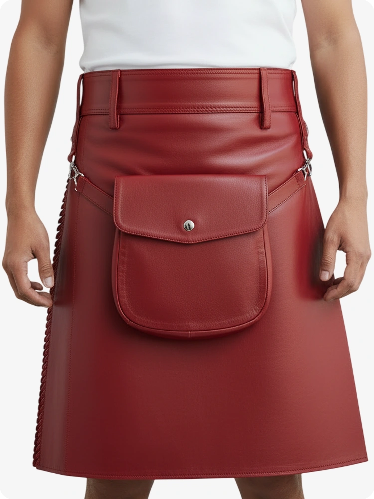 Kilt en cuir plissé rouge avec passants de ceinture et sangles latérales