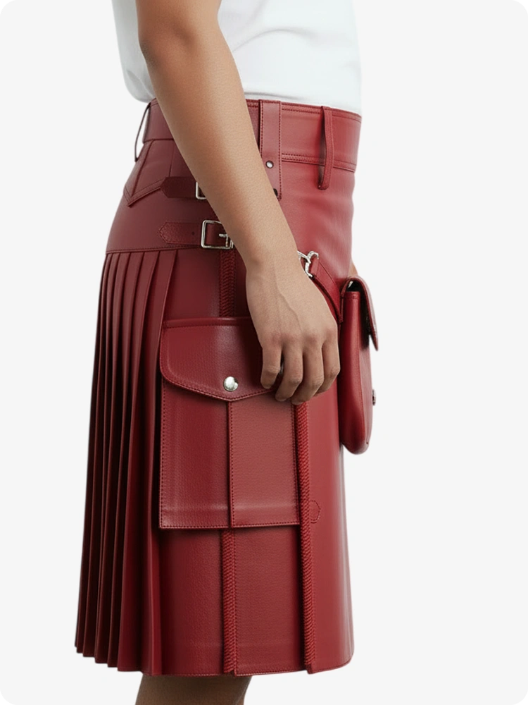 Kilt en cuir plissé rouge avec passants de ceinture et sangles latérales