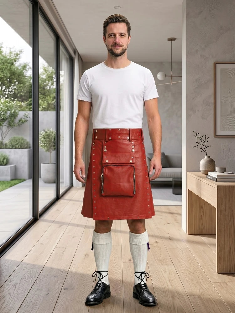 Red Leather Utility Kilt Front Side