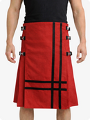 Red kilt with black straps worn by a person on a white background