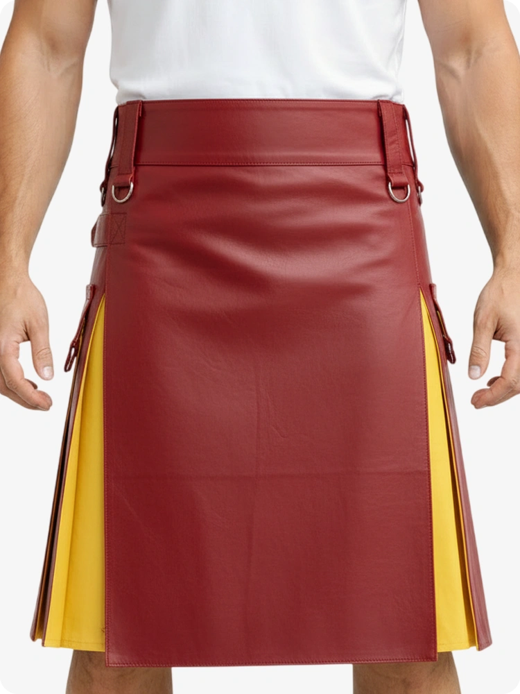 Kilt en cuir rouge et jaune avec poches cargo