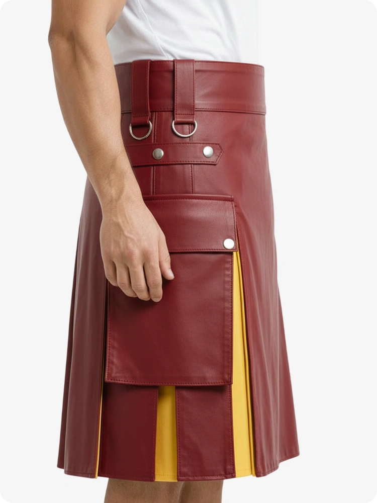 Kilt en cuir rouge et jaune avec poches cargo