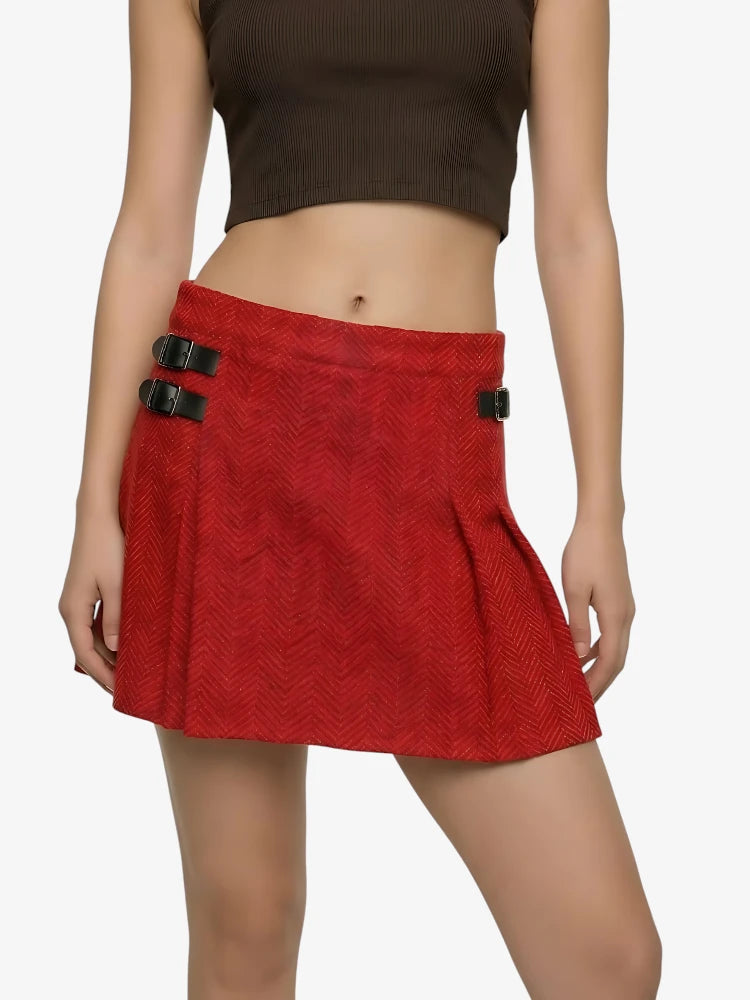 Kilt en Tweed à Motif Chevron Rouge et Noir pour Femme