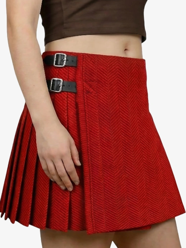 Kilt en Tweed à Motif Chevron Rouge et Noir pour Femme