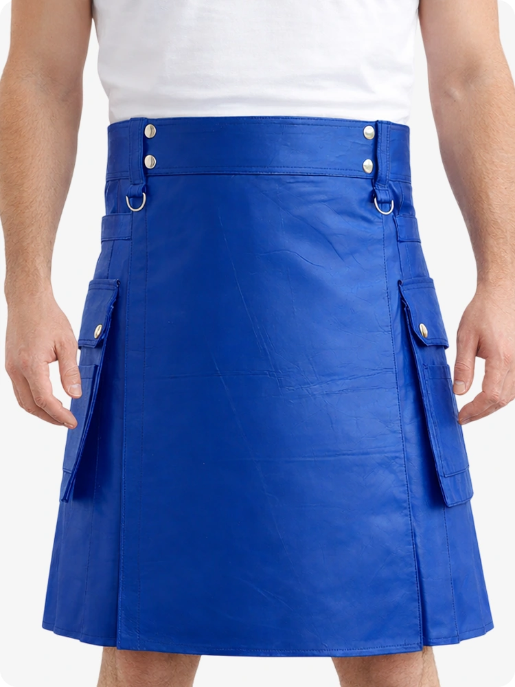 Royal Blue Genuine Leather Utility Kilt with Cargo Pockets & D-Rings
