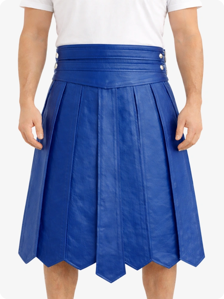 Royal Blue Leather Highland Kilt Adjustable Buckle Waist & Classic Pleats