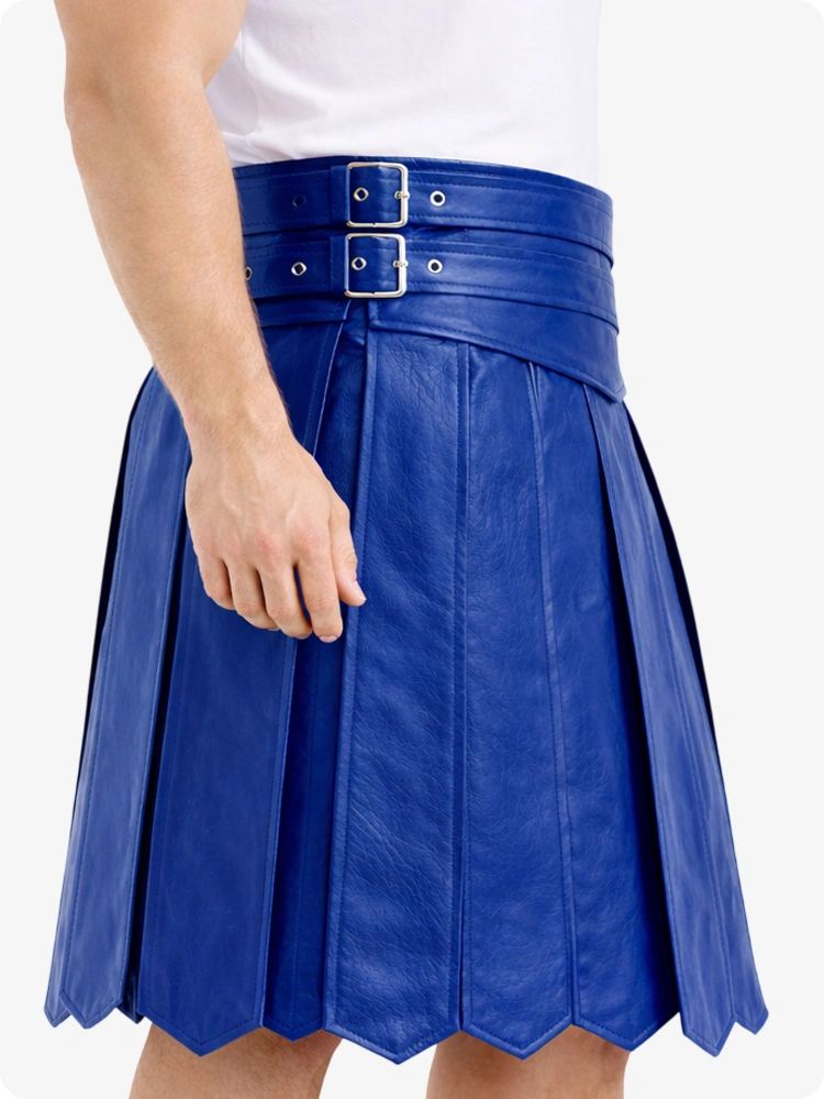 Royal Blue Leather Highland Kilt Adjustable Buckle Waist & Classic Pleats