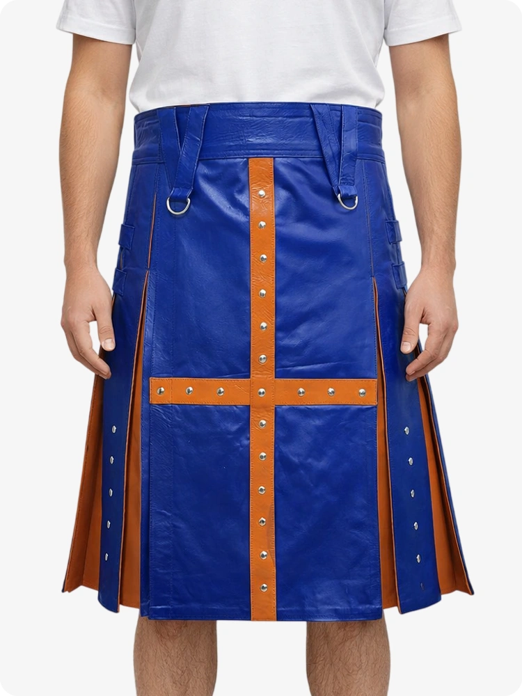 Royal Blue Leather Utility Kilt with Brown Cross Panel & Metal Rivet Detailing
