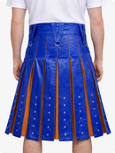Royal Blue pleated skirt with brown accents worn by a person on a white background
