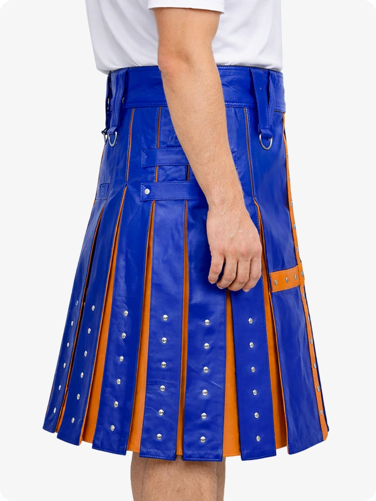 Royal Blue Leather Utility Kilt with Brown Cross Panel & Metal Rivet Detailing