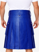 Royal Blue pleated kilt worn by a person on a white background