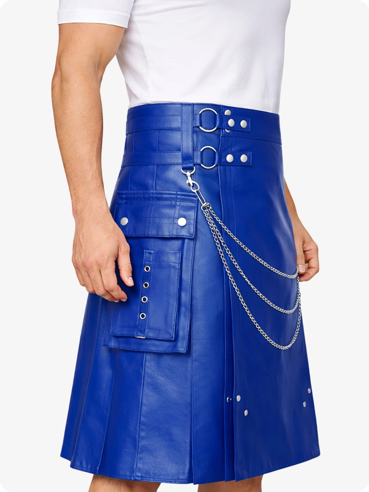Royal Blue Leather Utility Kilt with Chain Detailing & Adjustable Straps