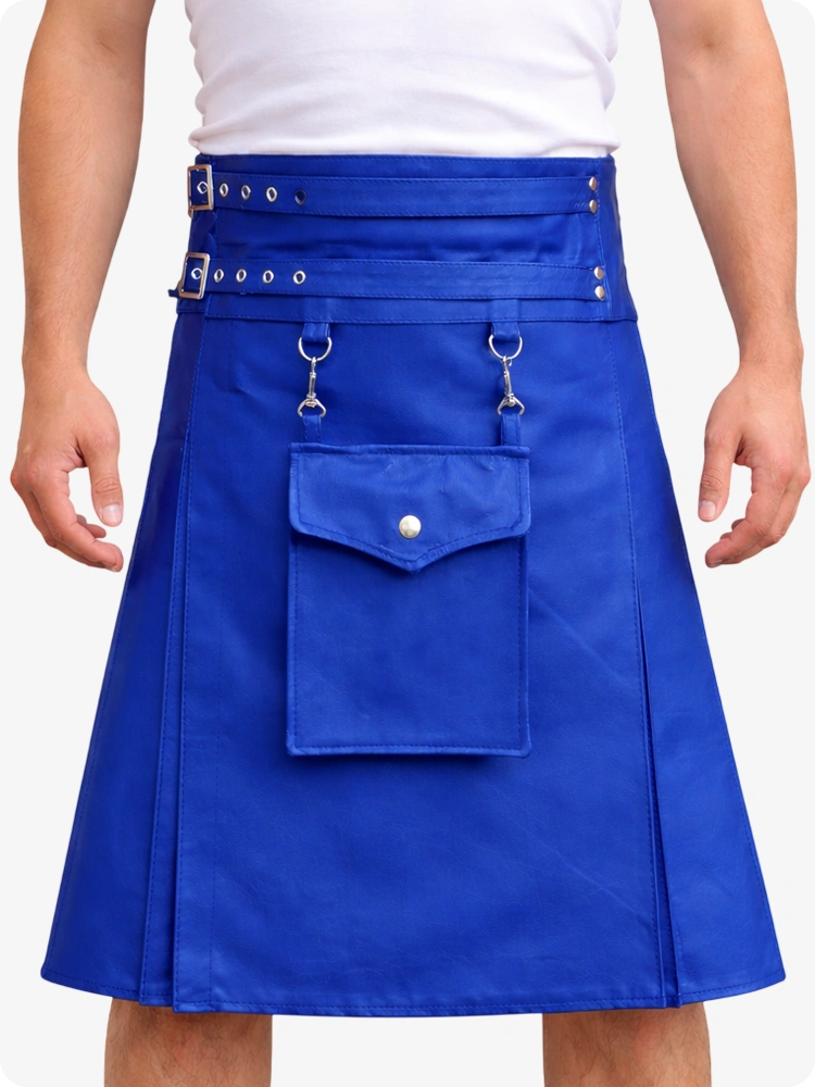 Royal Blue Leather Utility Kilt with Front Pocket & Adjustable Buckle Straps