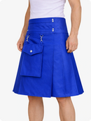 Royal Blue skirt with silver buttons and zippers on a white background